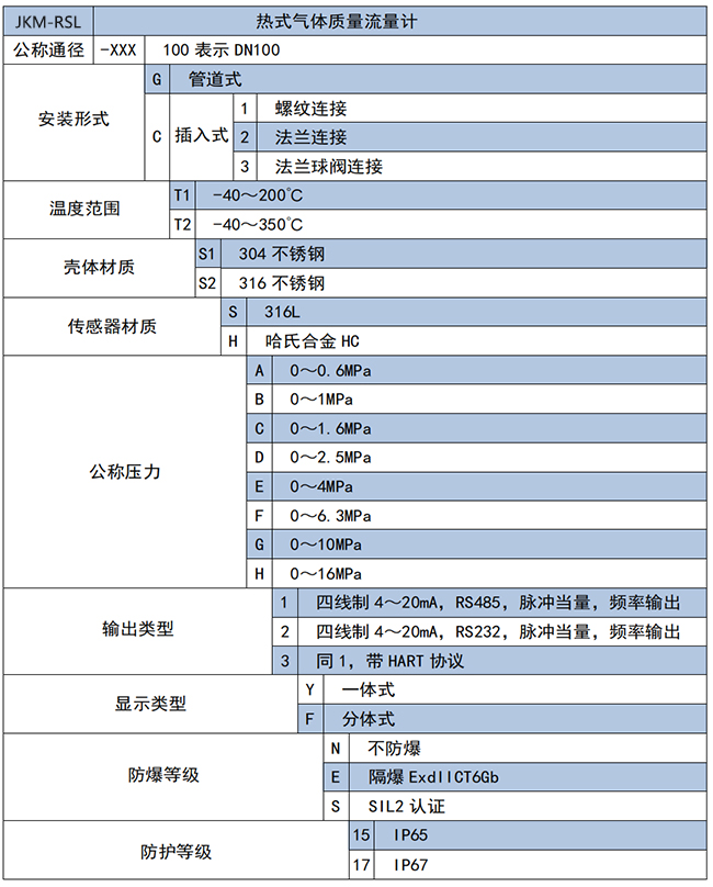 煙氣熱式氣體質(zhì)量流量計選項表